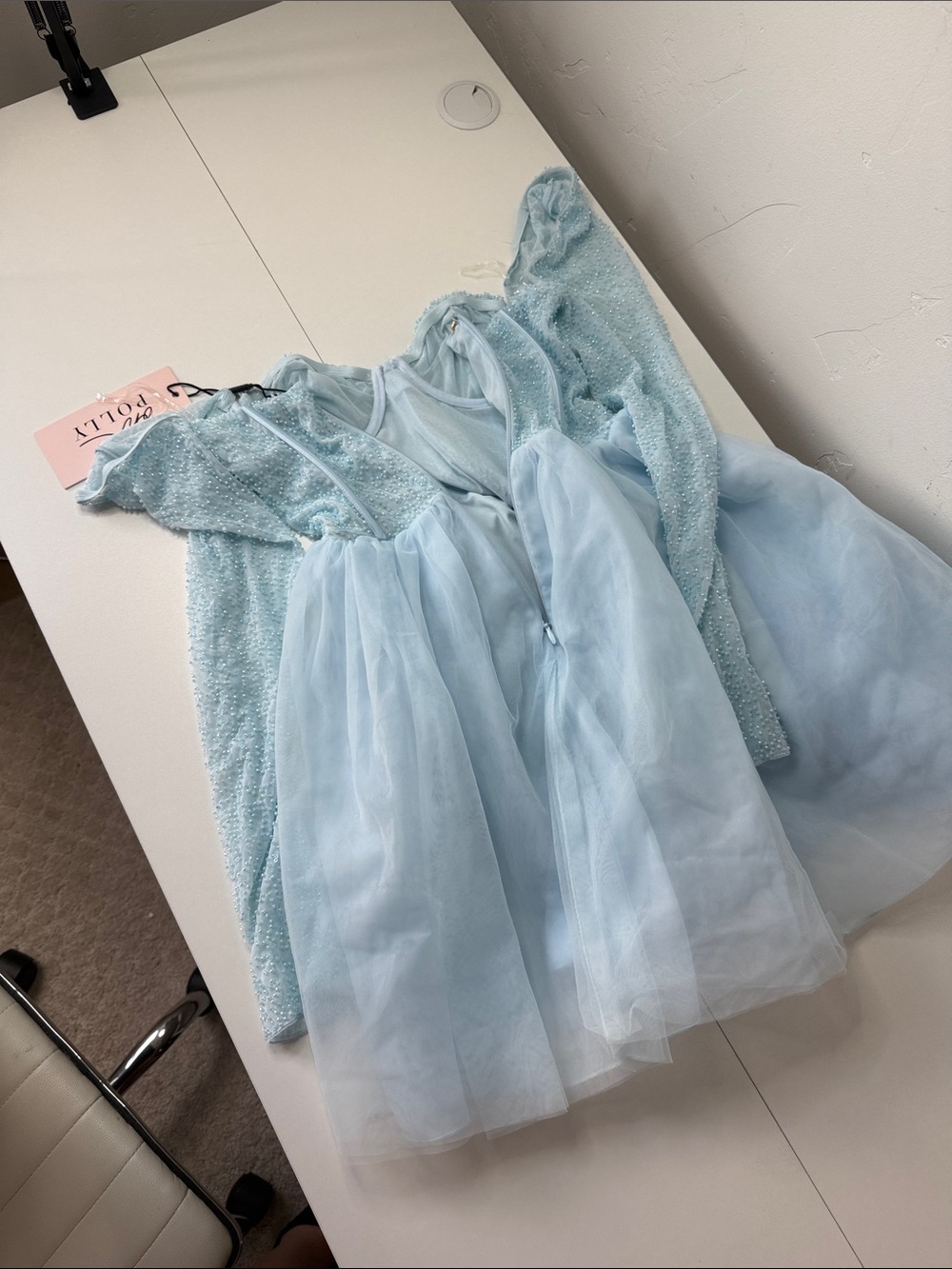 Light Blue Long-Sleeve Beaded Tulle Mini Dress Oh Polly Calliope - Picture 7 of 9